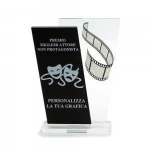 Trofeo Nero Opaco in plexiglass trasparente retrostampato doppio parallelogramma verticale