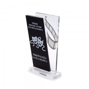 Trofeo Nero Opaco in plexiglass trasparente retrostampato doppio parallelogramma verticale