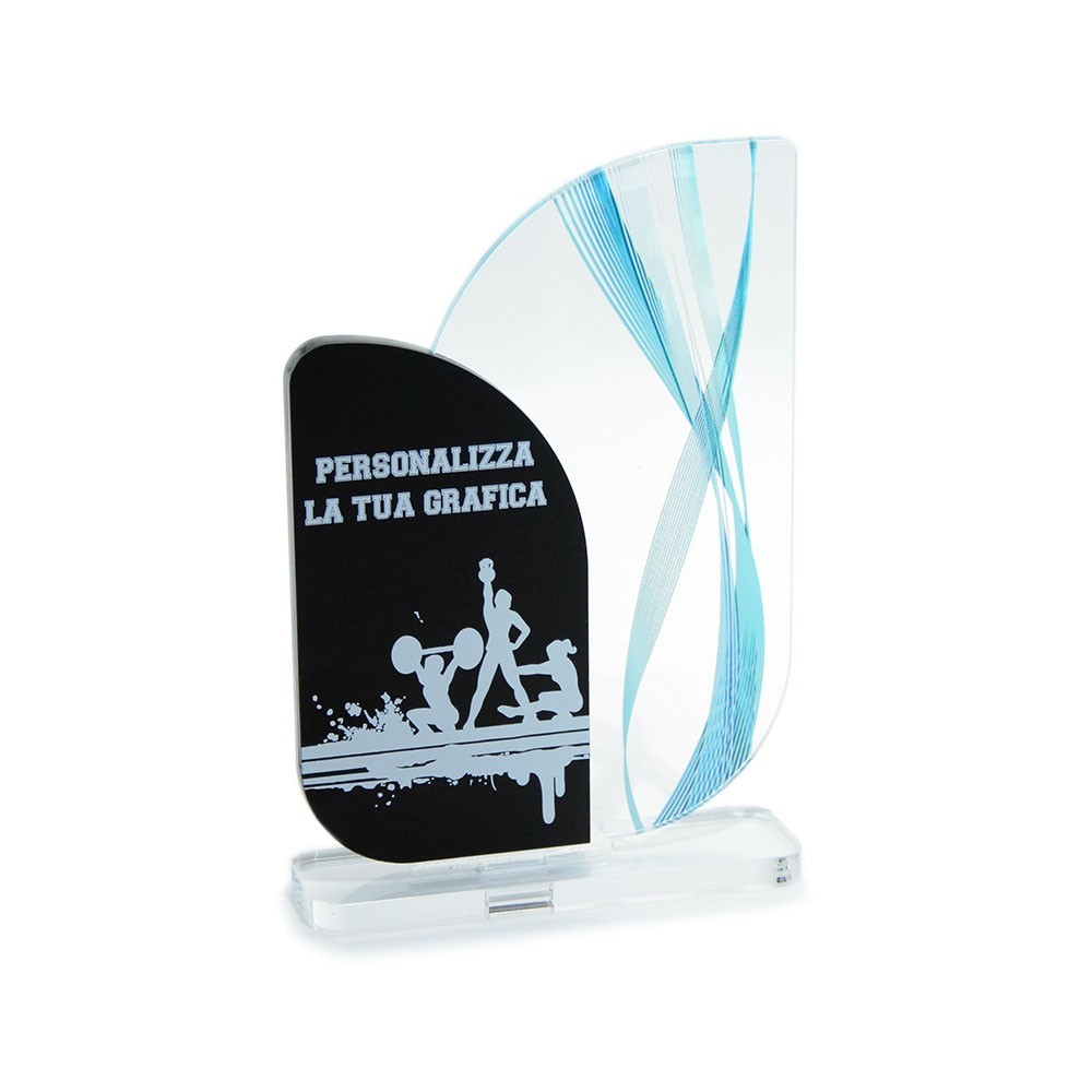 Trofeo Nero Opaco in plexiglass trasparente retrostampato doppio rettangolo verticale con angoli molto arrotondati