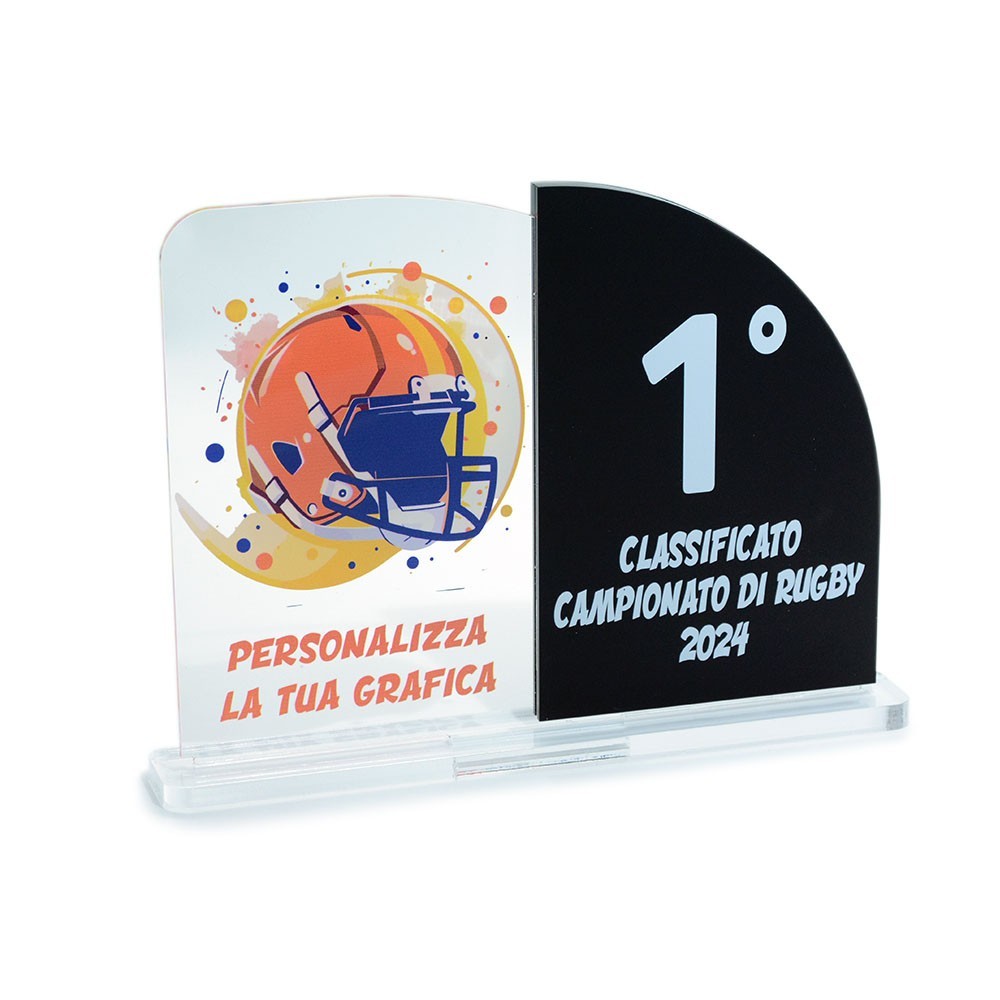 Trofeo Nero Opaco in plexiglass trasparente retrostampato doppio rettangolo verticale con lato destro molto arrotondato