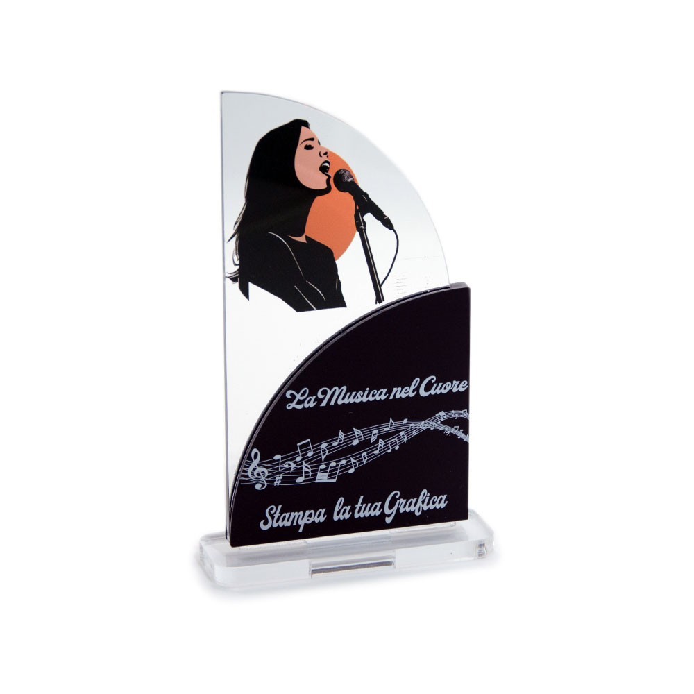 Trofeo Nero Opaco in plexiglass trasparente retrostampato rettangolo verticale molto arrotondato e quarto di cerchio