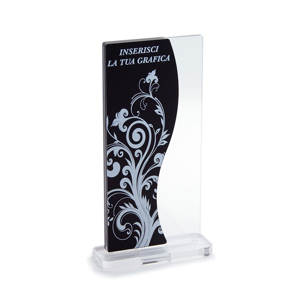 Trofeo Nero Opaco in plexiglass trasparente retrostampato doppio rettangolo verticale di cui uno ondulato lato destro