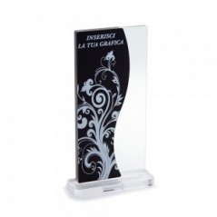 Trofeo Nero Opaco in plexiglass trasparente retrostampato doppio rettangolo verticale di cui uno ondulato lato destro