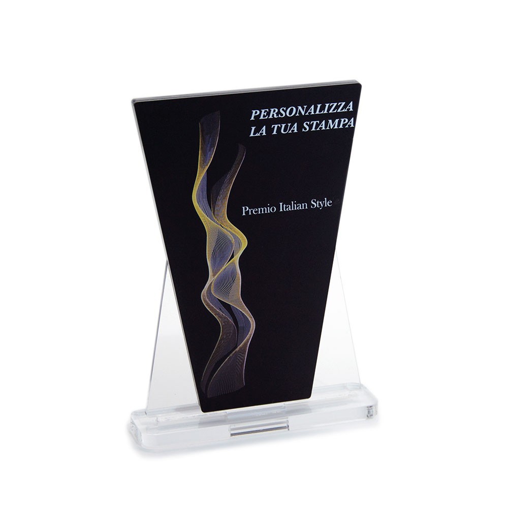 Trofeo Nero Opaco in plexiglass trasparente retrostampato doppio trapezio isocele