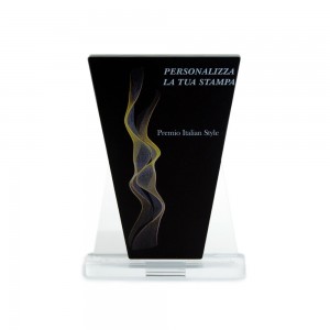 Trofeo Nero Opaco in plexiglass trasparente retrostampato doppio trapezio isocele