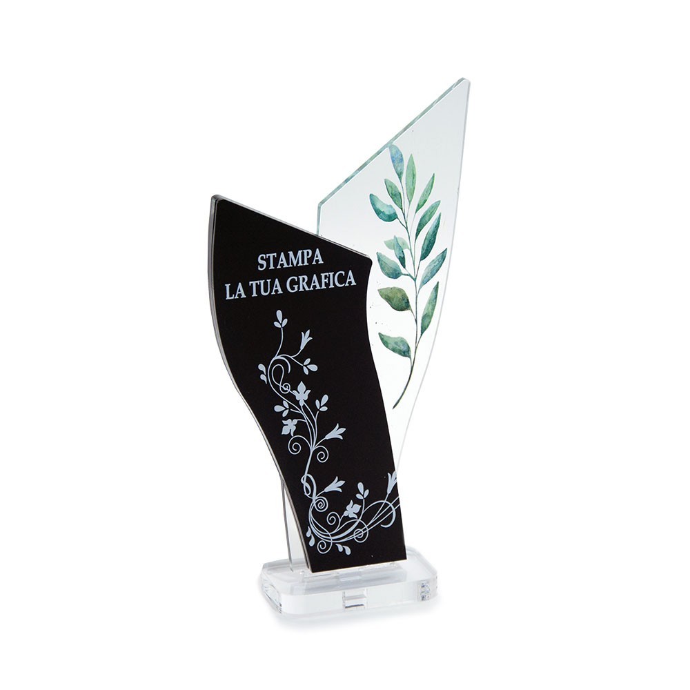 Trofeo Nero Opaco in plexiglass trasparente retrostampato doppio trapezio scaleno verticale ondulato