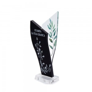 Trofeo Nero Opaco in plexiglass trasparente retrostampato doppio trapezio scaleno verticale ondulato