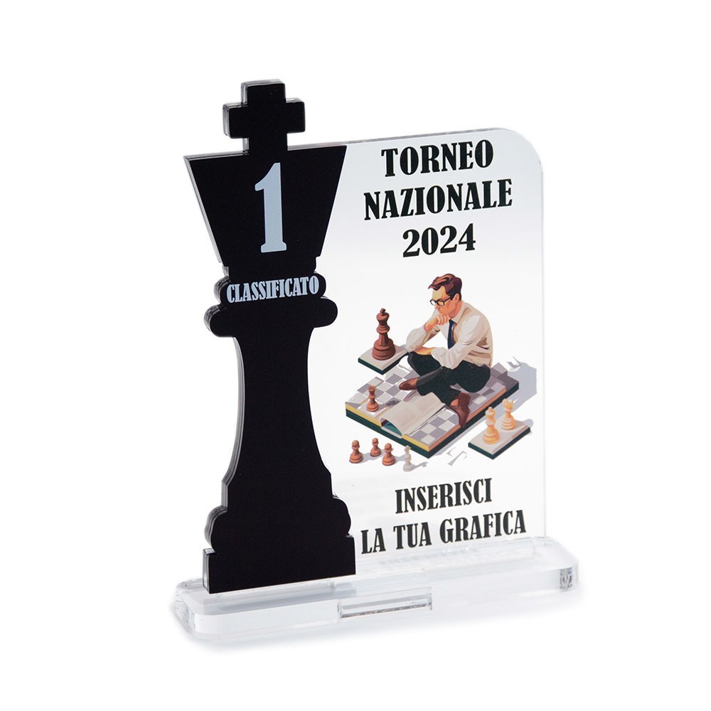 Trofeo Nero Opaco in plexiglass trasparente retrostampato rettangolare verticale arrotondato re scacchi