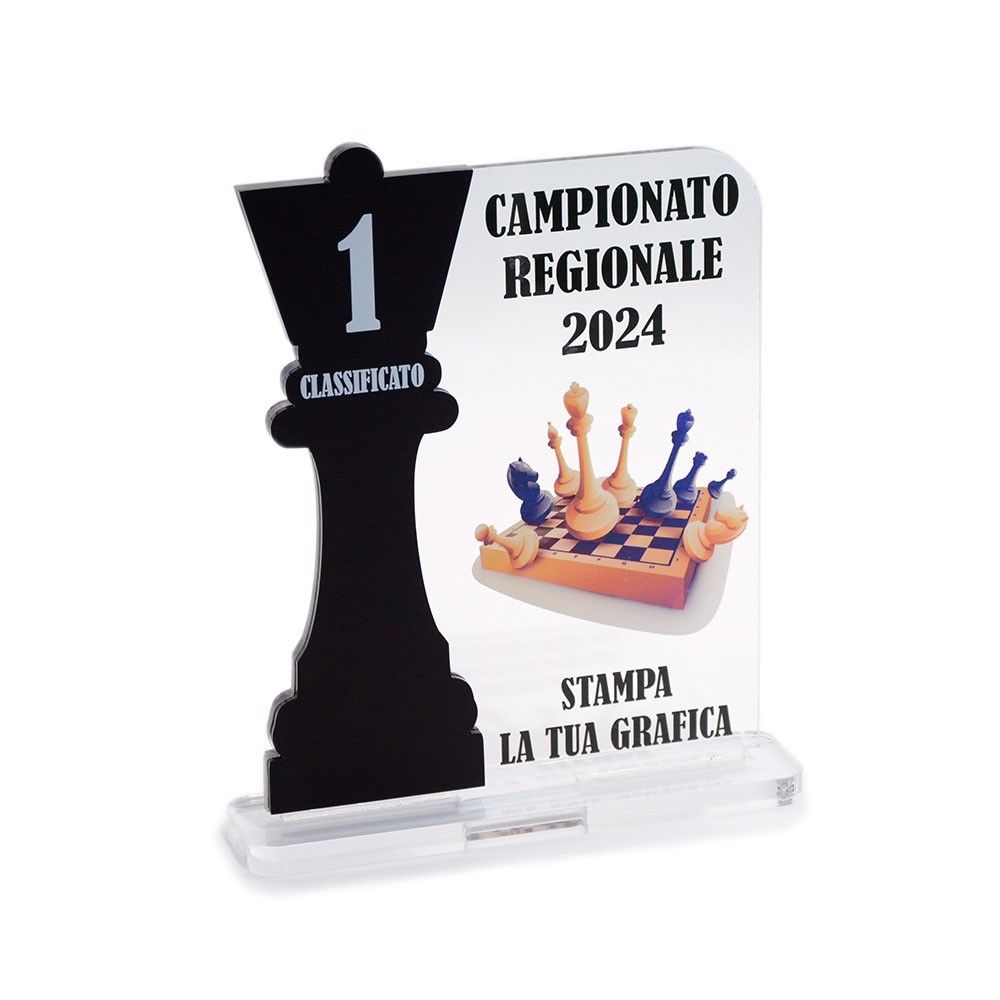 Trofeo Nero Opaco in plexiglass trasparente retrostampato rettangolare verticale arrotondato regina scacchi