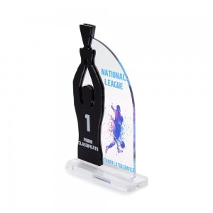 Trofeo Nero Opaco in plexiglass trasparente retrostampato rettangolare verticale molto arrotondato coppa alzata