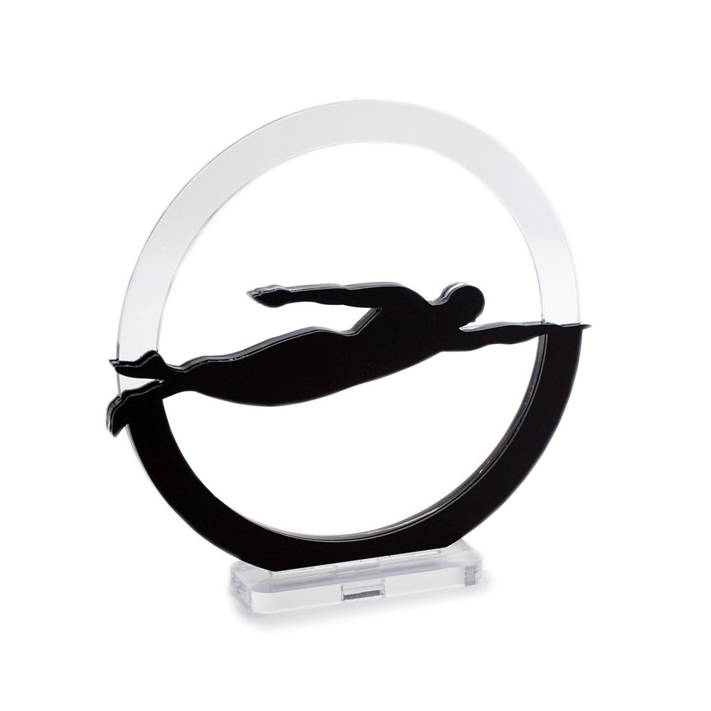 Trofeo Nero Opaco in plexiglass trasparente retrostampato cerchio nuotatore