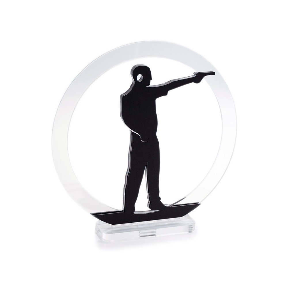 Trofeo Nero Opaco in plexiglass trasparente retrostampato cerchio tiro sportivo con pistola