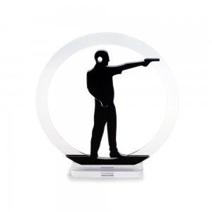 Trofeo Nero Opaco in plexiglass trasparente retrostampato cerchio tiro sportivo con pistola