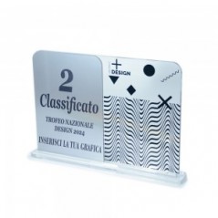 Trofeo Podio in plexiglass trasparente retrostampato doppio rettangolo verticale con angoli superiori arrotondati argento