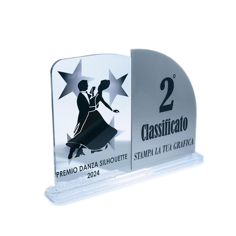 Trofeo Podio in plexiglass trasparente retrostampato doppio rettangolo verticale con lato destro molto arrotondato argento