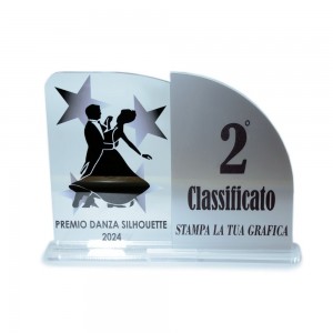 Trofeo Podio in plexiglass trasparente retrostampato doppio rettangolo verticale con lato destro molto arrotondato argento