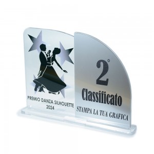 Trofeo Podio in plexiglass trasparente retrostampato doppio rettangolo verticale con lato destro molto arrotondato argento