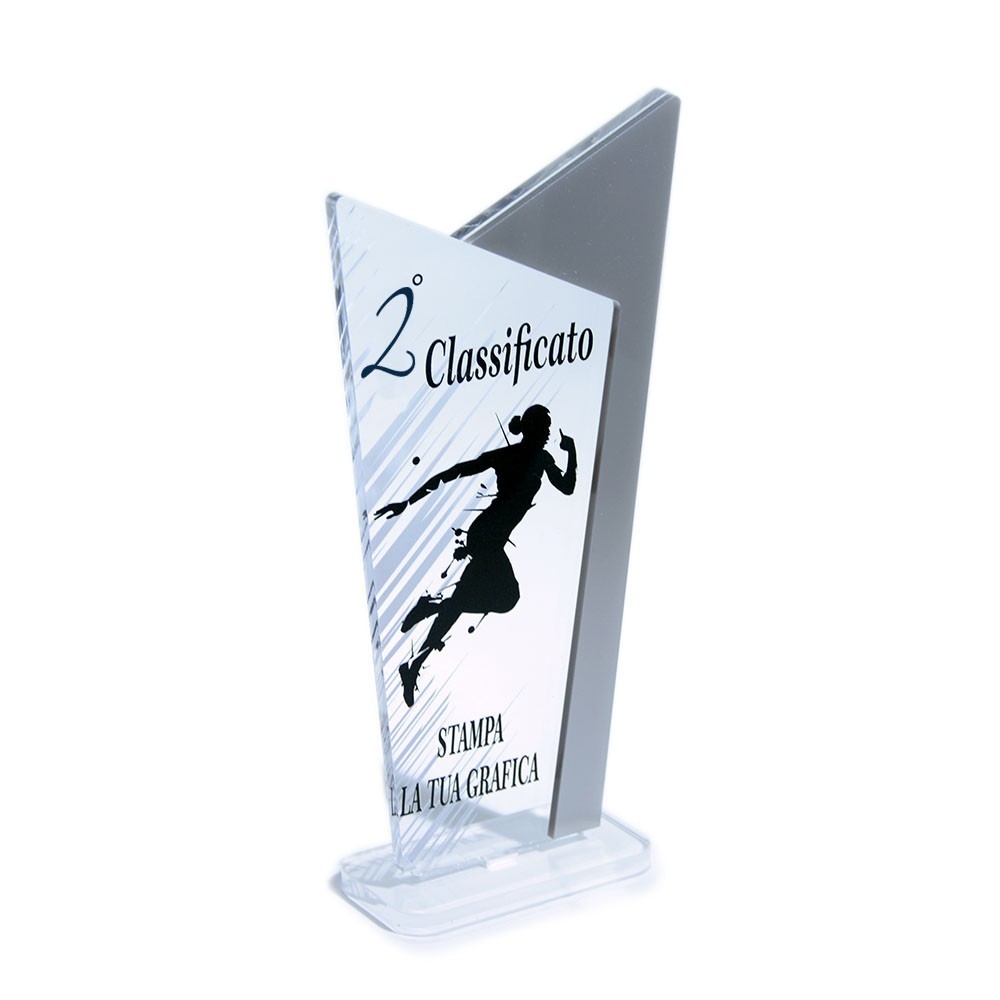 Trofeo Podio in plexiglass trasparente retrostampato doppio trapezio scaleno argento