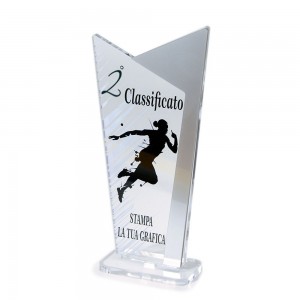 Trofeo Podio in plexiglass trasparente retrostampato doppio trapezio scaleno argento