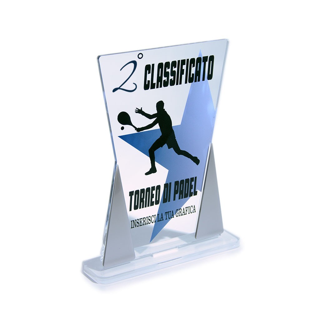 Trofeo Podio in plexiglass trasparente retrostampato doppio trapezio isoscele argento