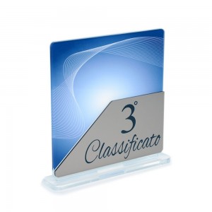 Trofeo Podio in plexiglass trasparente retrostampato quadrato angoli arrotondati e trapezio orizzontale bronzo