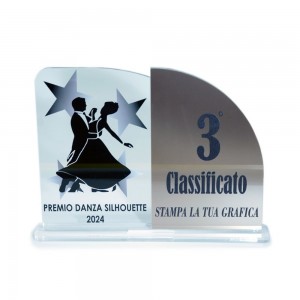 Trofeo Podio in plexiglass trasparente retrostampato doppio rettangolo verticale con lato destro molto arrotondato bronzo