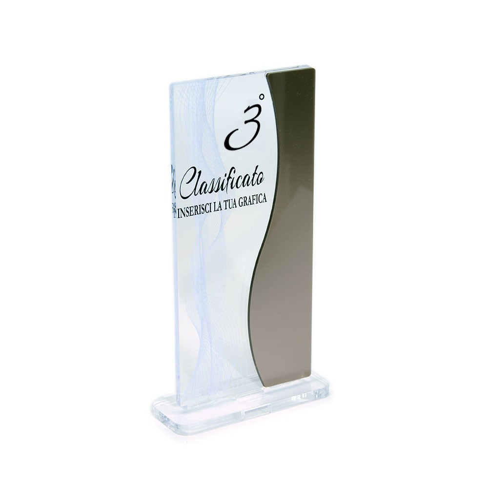 Trofeo Podio in plexiglass trasparente retrostampato rettangolo verticale ondulato lato destro bronzo