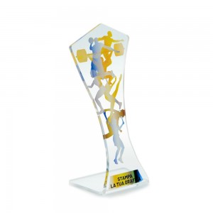 Targa di Partecipazione in plexiglass trasparente retrostampato pentagono con due lati curvi