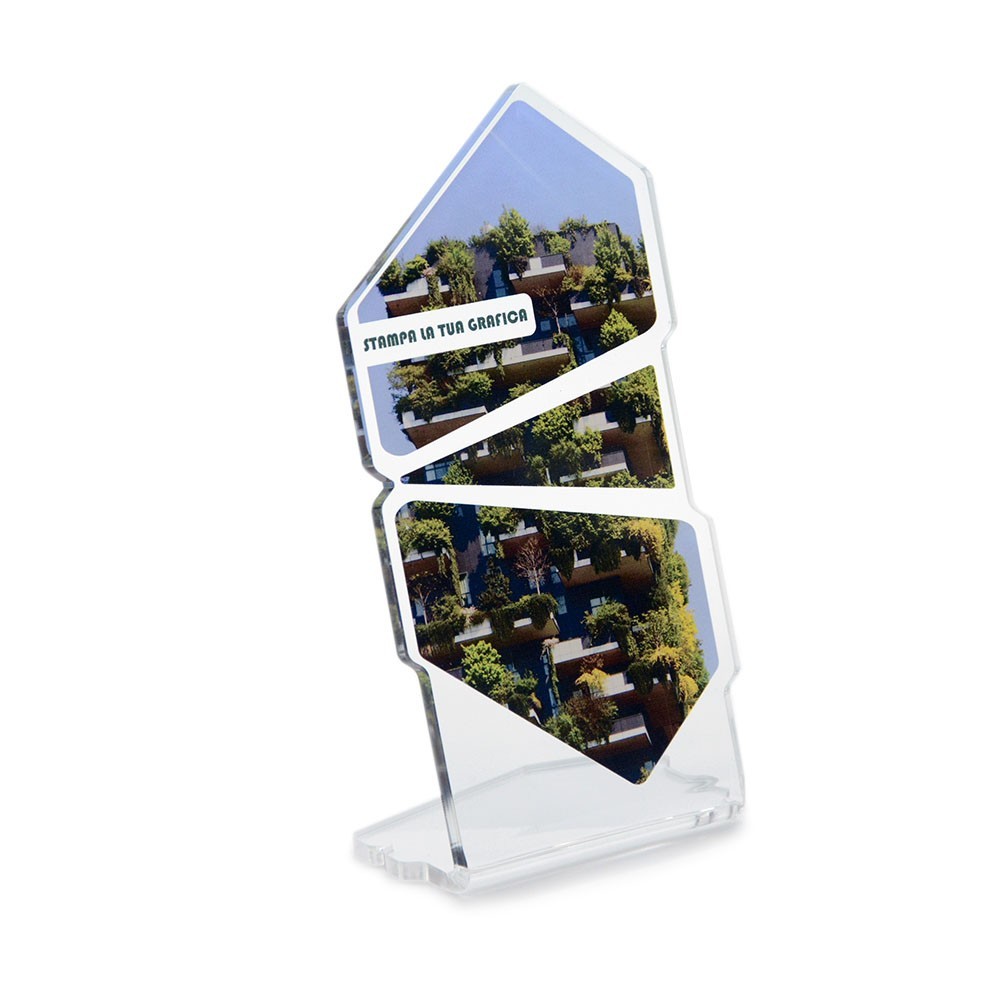 Targa Smart in plexiglass trasparente retrostampato doppio pentagono irregolare e triangolo