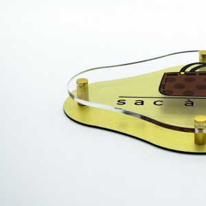 Targa Doppia Lastra in Alluminio Composito Oro Spazzolato e Plexiglass Trasparente Stampata Rombo Arrotondato