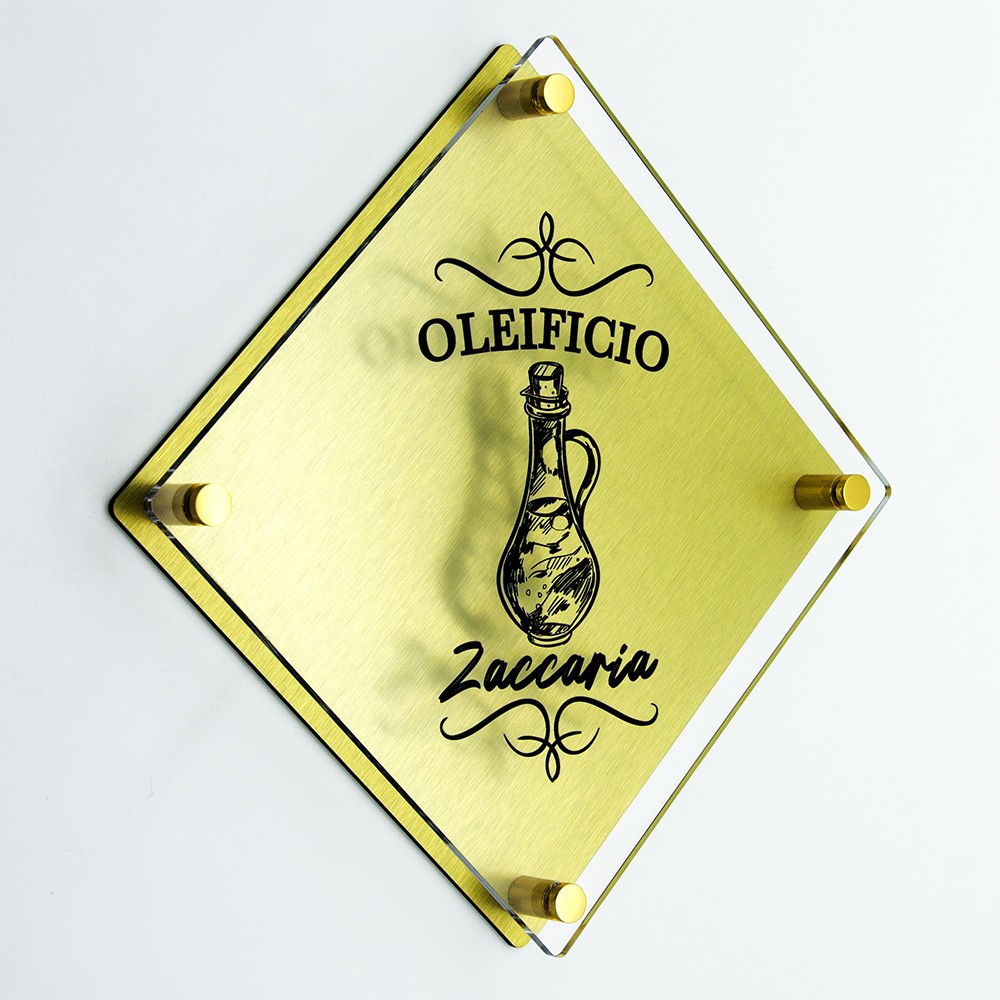 Targa Doppia Lastra in Alluminio Composito Oro Spazzolato e Plexiglass Trasparente Stampata Rombo