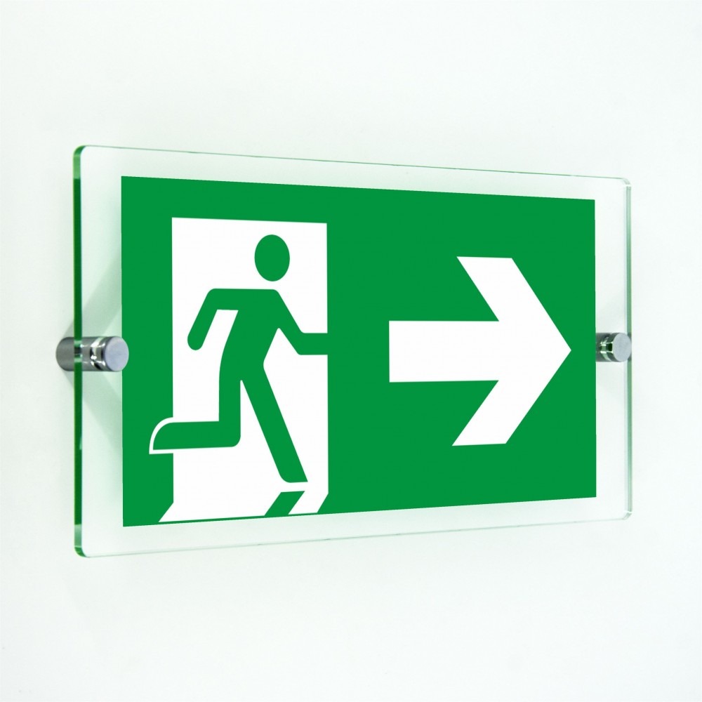 Direzionale uscita di emergenza destra in plexiglass trasparenti da parete