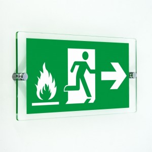 Uscita emergenza con fiamme destra in plexiglass trasparenti da parete