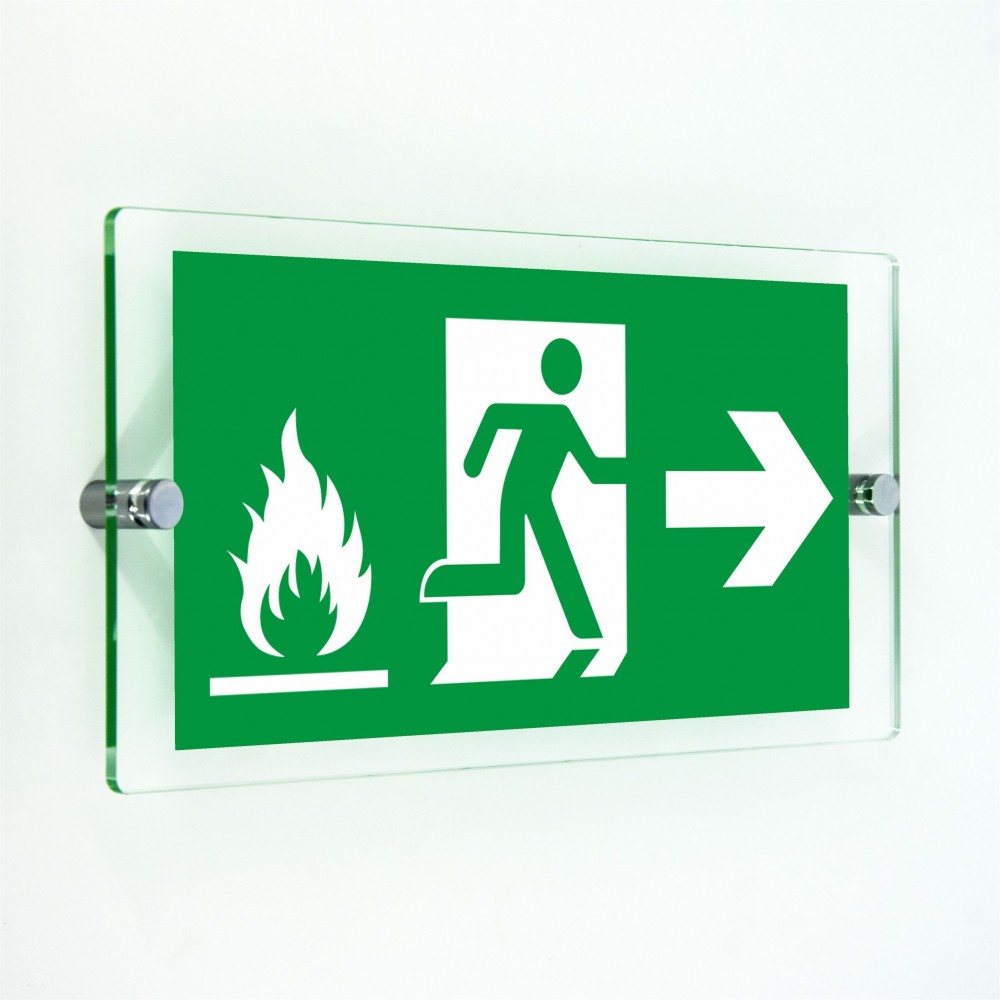 Uscita emergenza con fiamme destra in plexiglass trasparenti da parete
