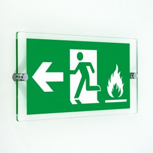 Uscita emergenza con fiamme sinistra in plexiglass trasparenti da parete