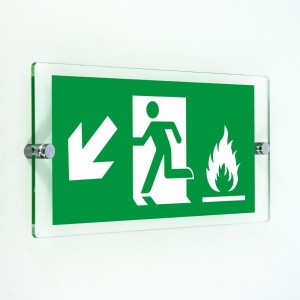 Uscita emergenza con fiamme sinistra basso in plexiglass trasparenti da parete