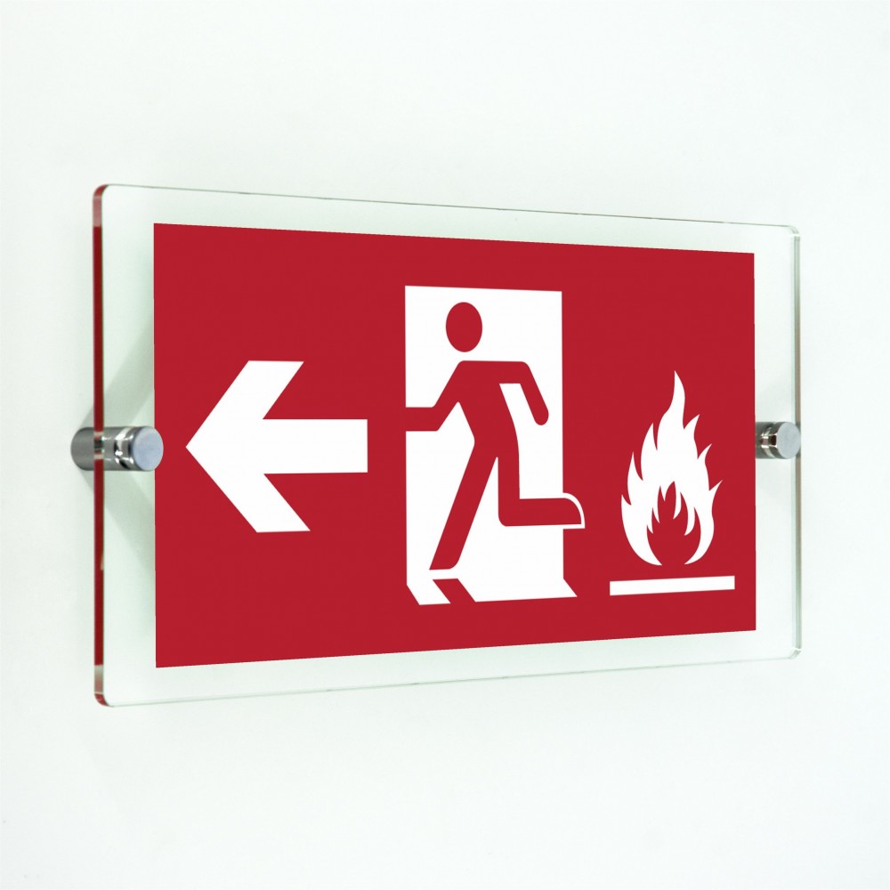 Uscita antincendio con fiamme sinistra in plexiglass trasparenti da parete