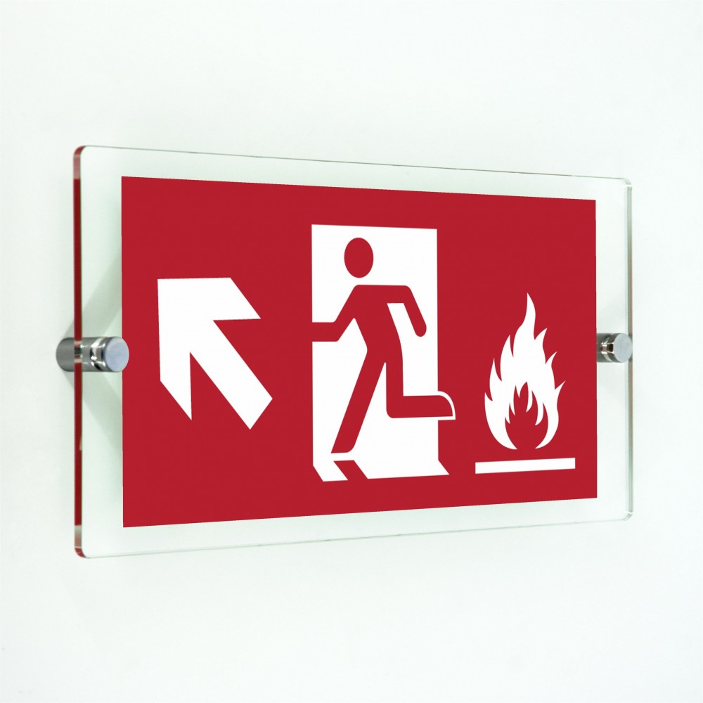 Uscita antincendio con fiamme sinistra alto in plexiglass trasparenti da parete