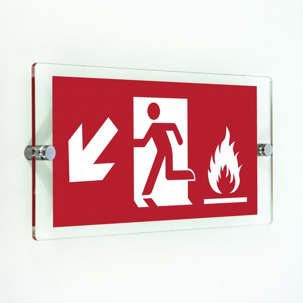 Uscita antincendio con fiamme sinistra basso in plexiglass trasparenti da parete
