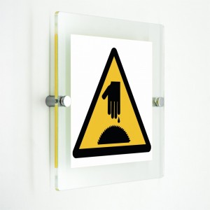 Pericolo sega circolare rischio di tagliarsi in plexiglass trasparenti da parete